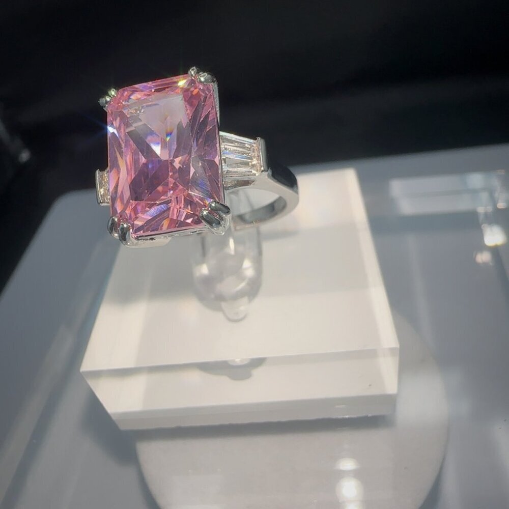 Pink Cubic Zirconia Emerald Cut Silver Ring Size 7 - Picture 3 of 12